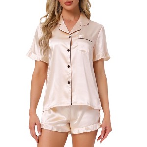 INSPIRE CHIC Women's Satin Silky Short Sleeve Shorts Button Down Lingerie Ruffle Pajamas Set - 1 of 4