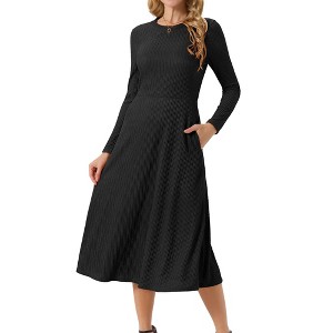 INSPIRE CHIC Women's Long Sleeve Round Neck Casual Stretchy A-Line Midi Dress - 1 of 4