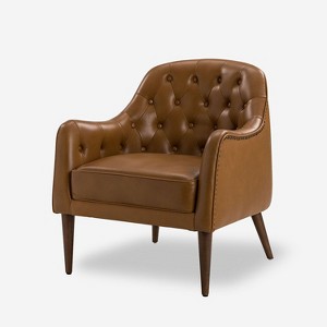 Justo 28.5" Wide Tufted Genuine Leather Wood Legs Accent Barrel Chair for Living Room with solid wood legs | ARTFUL LIVING DESIGN - 1 of 4