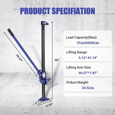 High Lift Farm Jack - Ratcheting Utility Jack with 3 Ton (6,600 Lb) Capacity, Car Jack Adjustable Range 6" to 55" for Cars, Trucks, ATVs, and SUVs
