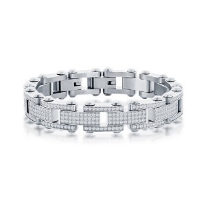 Metallo Mens Stainless Steel Micro Pave CZ Bracelet - Silver - 8.5 Inch - 1 of 4