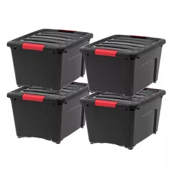 IRIS USA 32 Quart Plastic Storage Bin Tote Organizing Container with Durable Lid and Secure Latching Buckles, Stackable and Nestable, Black with Red Buckle, Set of 4