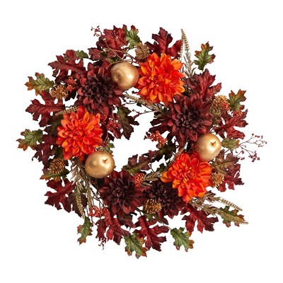 Nearly Natural 24” Fall Dahlia, Golden Apple, Oak Leaf and Berries Autumn Artificial Wreath