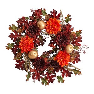 Nearly Natural 24” Fall Dahlia, Golden Apple, Oak Leaf and Berries Autumn Artificial Wreath - 1 of 4