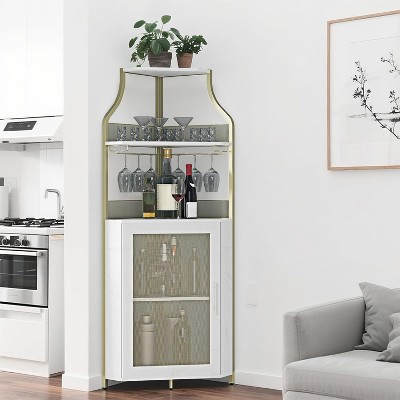 Homfan 5-Tier Corner Bar Cabinet with Lights, Adjustable Shelves & Glass Doors - Home Liquor Wine Display