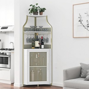 Homfan 5-Tier Corner Bar Cabinet with Lights, Adjustable Shelves & Glass Doors - Home Liquor Wine Display - 1 of 4