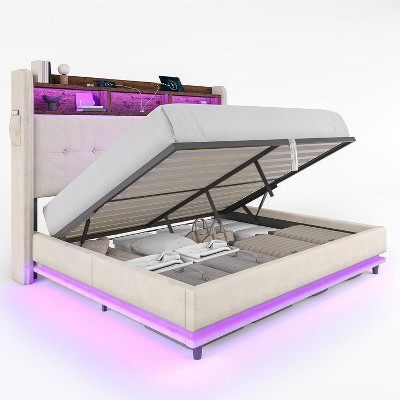 AMERLIFE Bed Frame 53.1"H with Lift Storage, Headboard Storage & RGB LED