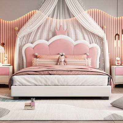 Upholstered Princess Platform Bed with Crown Headboard for Girls' Bedroom, Fantasy Design Bed Frame, No Box Spring Needed
