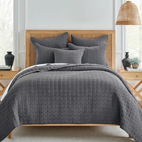 Mills Waffle Charcoal Quilt Set - One King Quilt And Two King Shams ...