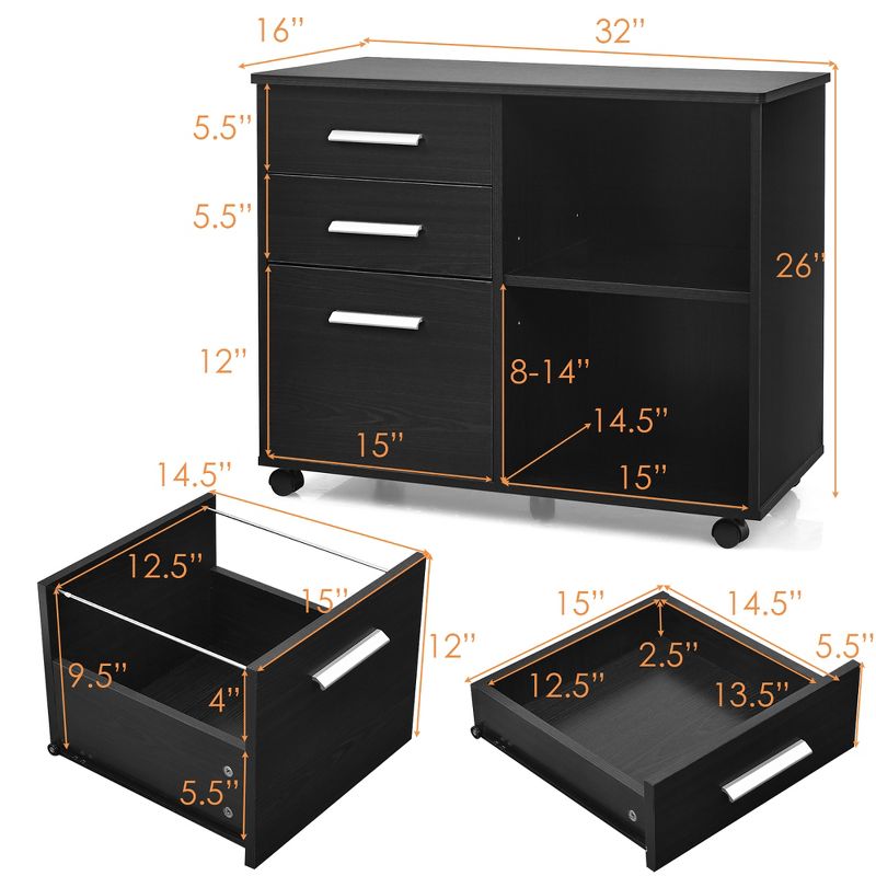 Costway 3-Drawer File Cabinet Mobile Lateral Cabinet Printer Stand Espresso\Black, 4 of 11