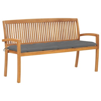 vidaXL - Solid Teak Wood Stacking Patio Bench with Gray Cushion, Weather Resistant Outdoor Furniture, Smoothly Sanded Finish