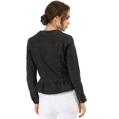 INSPIRE CHIC Women's Peplum Collarless Round Neck Button Down Cropped Ruffle Hem Denim Jackets Small Black — фото 4