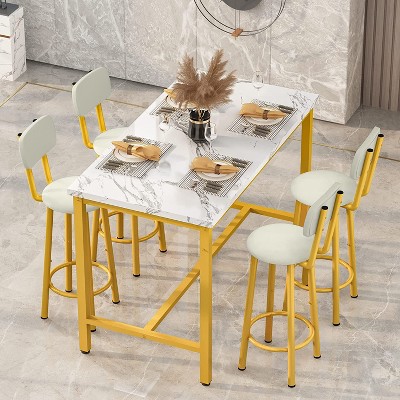 Hooseng Modern Farmhouse Style 5 Piece Dining Table Set with MDF Top, Metal Frame and Upholstered Bar Stools, 4-Person Dining Room Table Set for 2