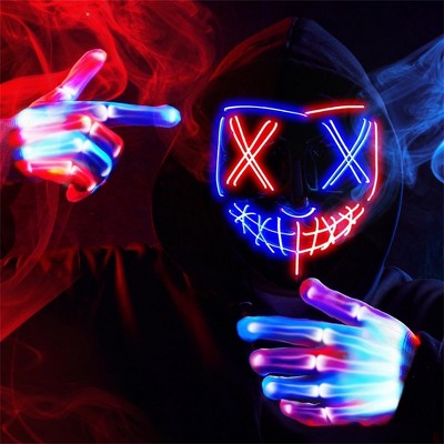 Joyfy Halloween 3 Modes Glow-in-the-Dark Mask & Gloves for Adults & Kids Cosplay Costume (Red & Blue), LED Light-Up Trick-or-Treat & Party Dress-Up