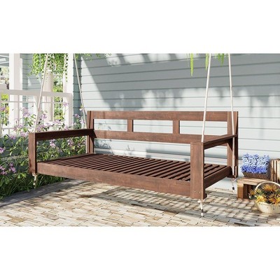 CAVINAS Twin Size Outdoor Swing Bed Daybed Frame with 4 Hanging Ropes,Wooden Porch Swing for Garden,Courtyard