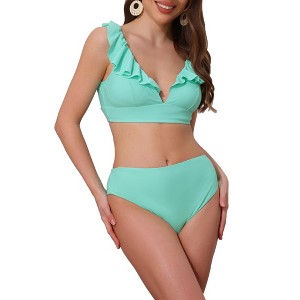 INSPIRE CHIC Women's Ruffle Trim V Neck Wide Strap Leopard Bikini Sets, Drawstring Tie Back Top Triangle Bottom 1 Set - 1 of 4