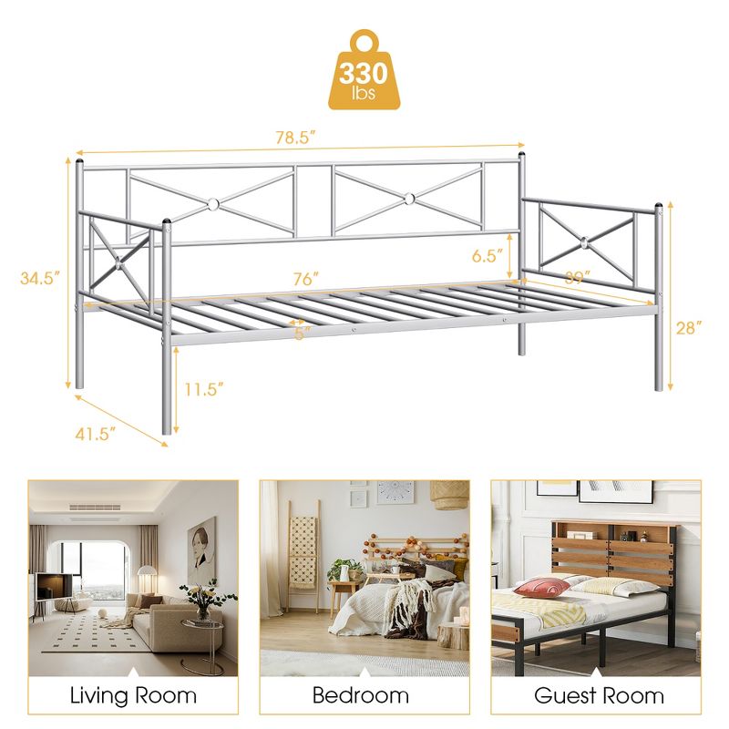 Costway Metal Daybed Frame Twin Size Slat Support Mattress Foundation Living Room White\Black\Silver, 3 of 10