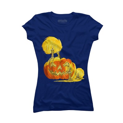 Junior's Design By Humans Halloween Pumpkin with Candle and Evil Smile By wubbadub T-Shirt