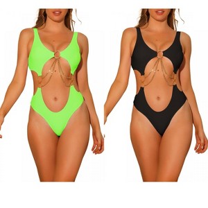 INSPIRE CHIC Women's Gold Chain V Neck Cut Out Solid Color Monokini Swimwear Bathing Suit 2 Set - 1 of 4