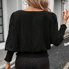 Women's Blouse Puff Sleeve Smocked Waist Scalloped Hem Casual Loose Fit Round Neck Top - 3 of 4