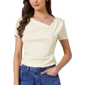 INSPIRE CHIC Women's Short Sleeves Asymmetrical Neck Ruched Going Out Crop Basic Blouses - 1 of 4
