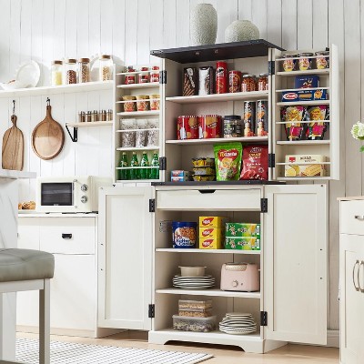 SinCiDo Farmhouse Kitchen Pantry with Barn Doors and Adjustable Shelves, Storage Cabinet, Rustic Wood Cupboard for Kitchen