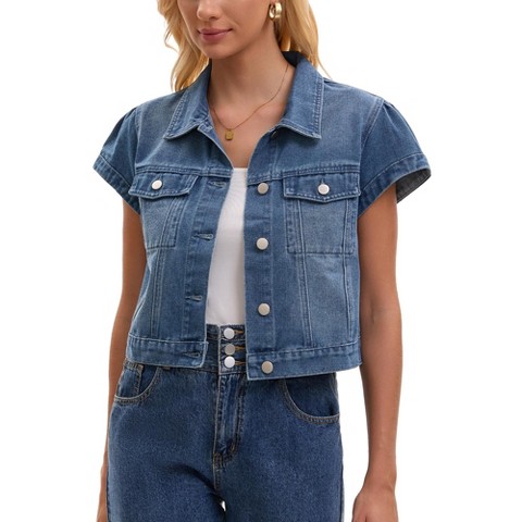 Женские куртки INSPIRE CHIC Women's Denim Cap Sleeve Button Down Turndown Collar Classic Cropped Jean Jackets Medium Blue
