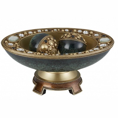 HomeRoots 8" Marbleized Green And Gold Polyresin Decorative Bowl With Orbs