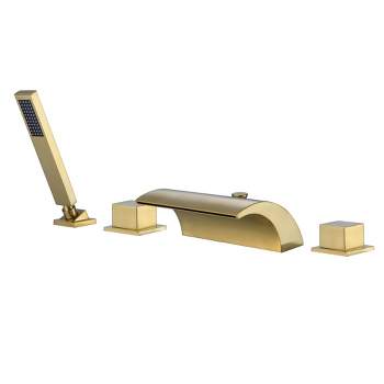 Sumerain Roman Tub Faucet with Hand Shower Brushed Gold and Wide High Flow Waterfall Spout