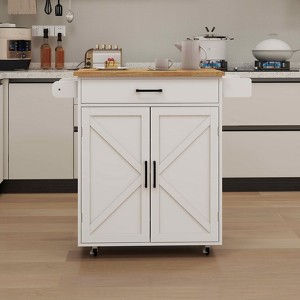 MAYEERTY White Rolling Kitchen Island Trolley, Rubber Wood Top Adjustable Shelves Towel/Seasoning Racks - 1 of 4