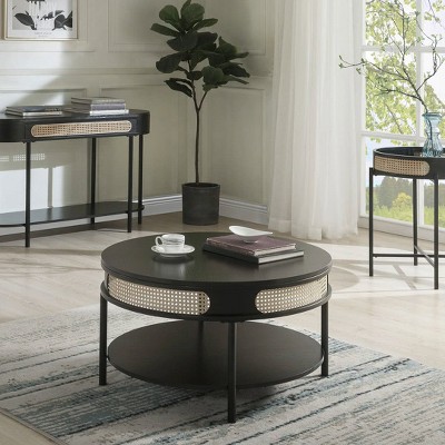 32" Colson Round Black Metal and Rattan Coffee Table