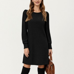 Anna-Kaci Women's Ribbed Knit Long Sleeve Dress with Puff Shoulder Detail and Relaxed A-Line Silhouette - 1 of 4