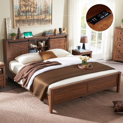 SinCiDo Farmhouse Bed Frame,w/Charging Station, Storage Bookcase Headboard,Sliding Barn Door,No Box Spring Needed, w/Wood Slats Support