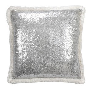 18"x18" Poly Filled Sequin & Faux Shearling Square Throw Pillow Silver - Saro Lifestyle: Modern Indoor Decor, Zipper Closure - 1 of 3