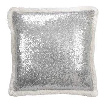 18"x18" Poly Filled Sequin and Faux Shearling Square Throw Pillow Silver - Saro Lifestyle