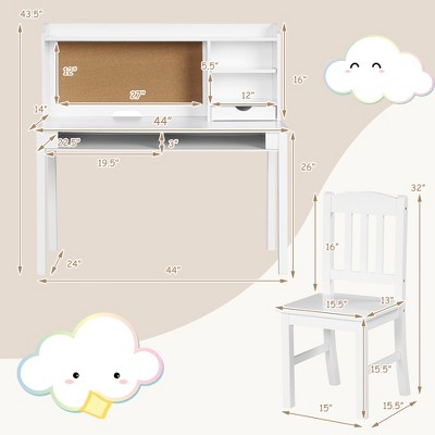 White Pine and MDF Kids Writing Desk with Hutch and Chair Set