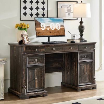 Brafabhome Wooden Executive Desk with Power Outlets, Farmhouse Computer Desk with File Drawer Study Writing Table with Storage for Bedroom Home Office