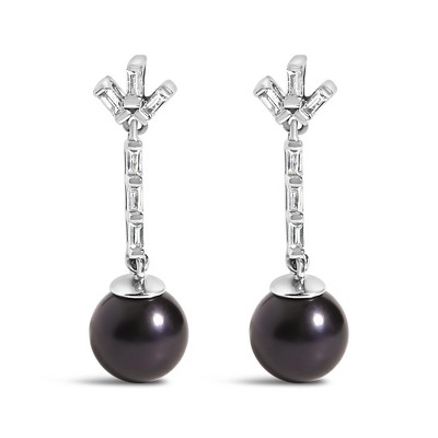 .925 Silver 7MM Cultured Black Pearl and White sapphire Drop and Dangle Earring