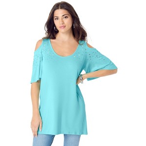 Roaman's Women's Plus Size Cold Shoulder Ultra Drape Tunic - 1 of 4