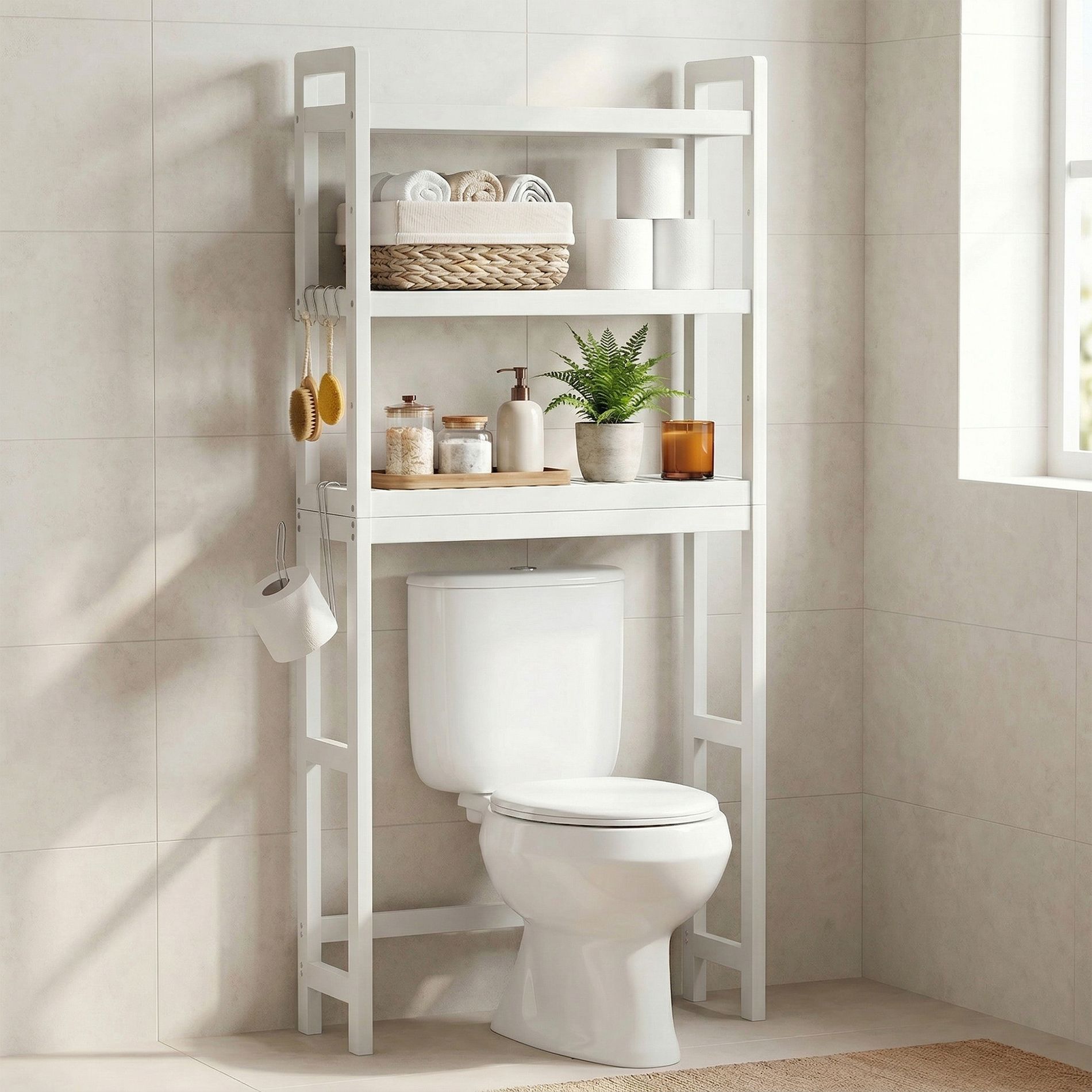 LEDREM Bathroom Storage Rack, Adjustable 3-Tier Over Toilet Organizer, Space Saving Shelf, Easy to Assemble, White