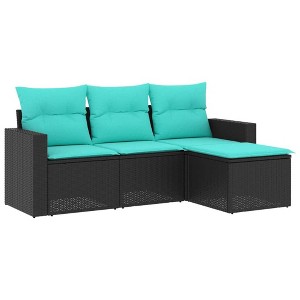 vidaXL 4 Piece Patio Sofa Set with Cushions Poly Rattan - Black and Blue Without Table - 1 of 4