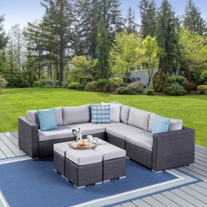 Christopher Knight Home Santa Rosa Outdoor 9 Piece V-Shape Wicker and Aluminum Sectional Sofa Set with Cushions - 1 of 4