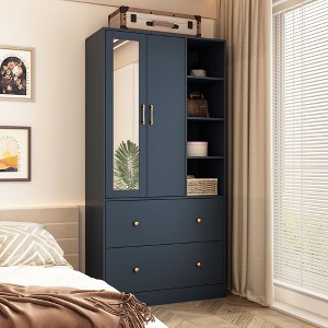 FUFU&GAGA 2 Large Drawer Double Door Wardrobe Display Cabinet with Hanging Bar and Mirror - 1 of 4