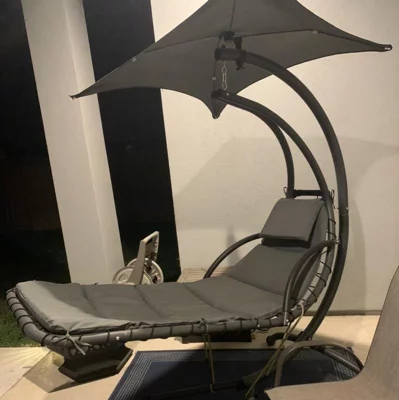 user image by TimK, Best Choice Products Hanging Curved Chaise Lounge Chair Swing for Backyard, Patio w/ Pillow, Shade, Stand