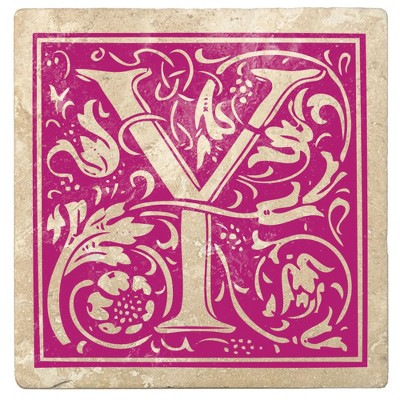 Christmas by Krebs 4pc Ivory and Tutti Frutti Pink Alphabet "Y" Square Monogram Coasters 4"