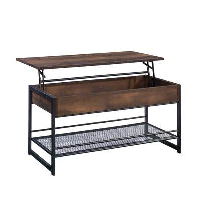 Medium Oak and Metal Lift-Top Coffee Table with Storage