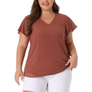 Agnes Orinda Women's Plus Size Swiss Dot V-Neck Tops with Flutter Sleeves - 1 of 4
