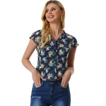 Allegra K Women's Floral Chiffon V Neck Ruffled Short Sleeve Shirts