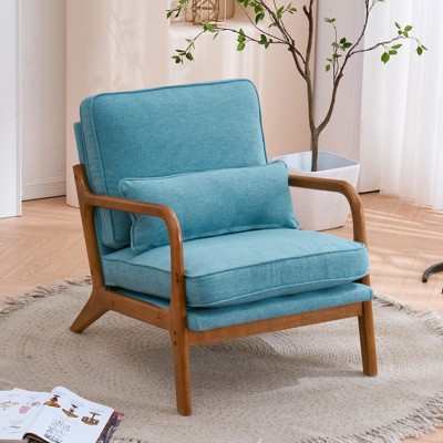 KTMBDW Accent Chair Wide Armrest Mid-Century Lounge Chair Linen Fabric Armchair with Lumbar Pillow & Oak Wood Frame for Living Room, Bedroom, Balcony