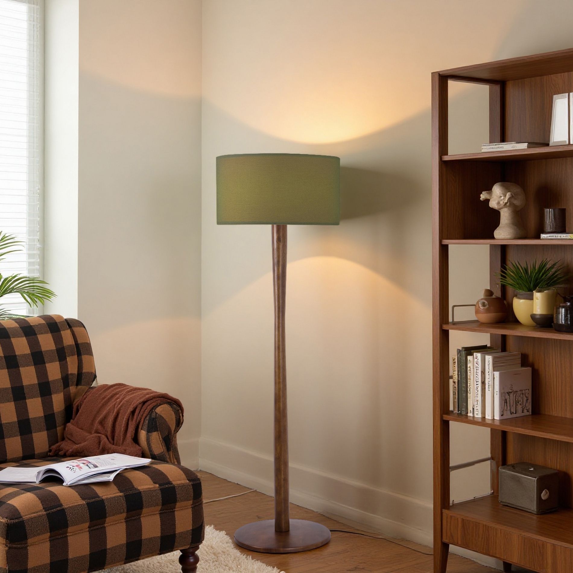 61" Modern Walnut Wood Column Floor Lamp with Linen Drum Shade,Standing Lamp for Living Room,Bedroom,Office,Study,Hallway,Green